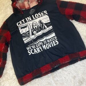 Red and Black Plaid Hoodie with Graphic Print